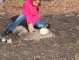 girl learning about shells and rocks outside