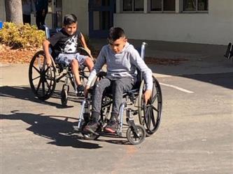 students outside in wheelchairs